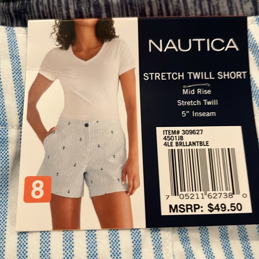 Nautica size 8, stretch 12 short blue and white striped with anchors away - Picture 3 of 10